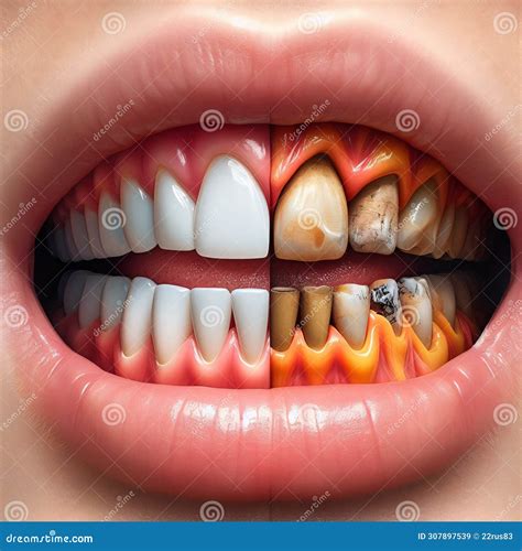 A Visual Comparison of Healthy and Unhealthy Human Teeth Stock Image