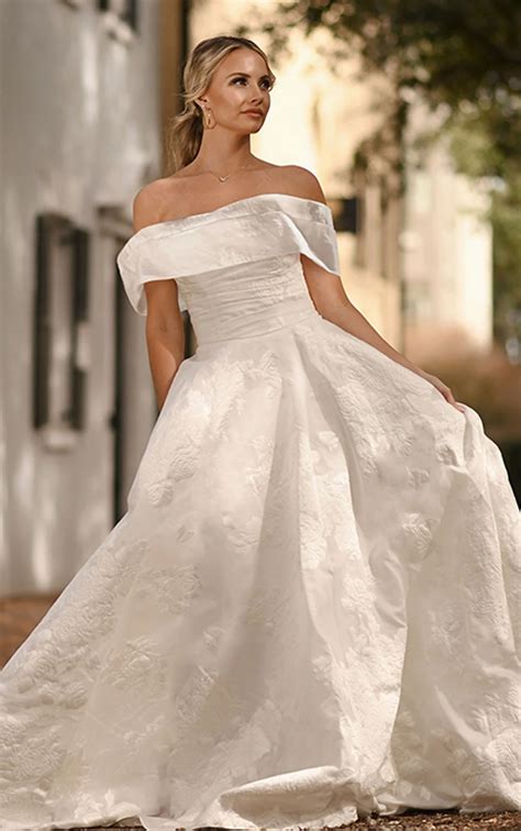Luxe Floral-Print Off-the-Shoulder Ballgown Wedding Dress