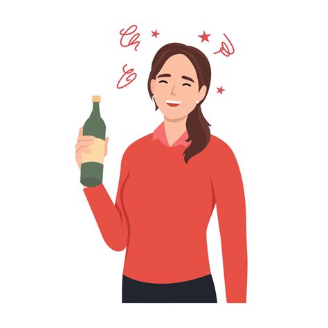Drunk woman with alcohol bottle in her hand flat design. Drinking beer