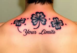 Black 5 leaf clovers ( with red aura ) surrounding the words “ Surpass ...
