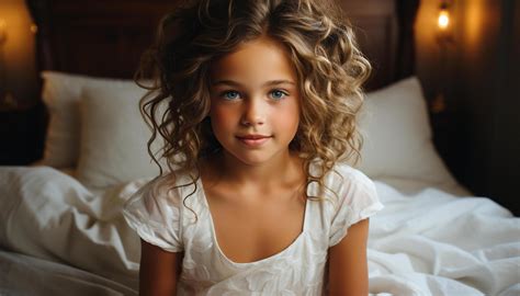 AI generated Cute girl smiling, lying on bed, looking at camera