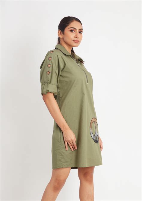 Buy Olive Knee Length One Piece Dress With Embroidery Online