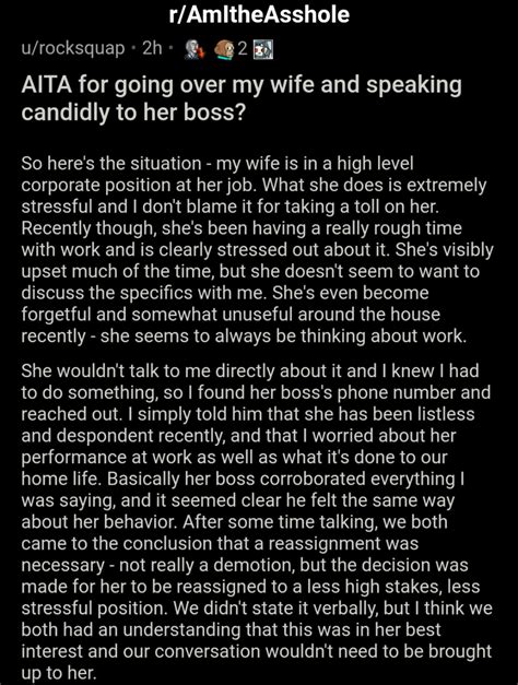 Wife stressed at work, husband calls her boss, they agree for her to