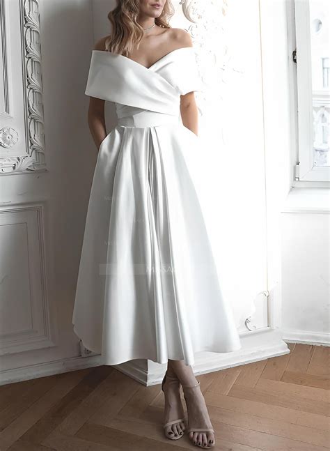 Minimalistic Ruched Off-The-Shoulder White Wedding Dress With Pockets