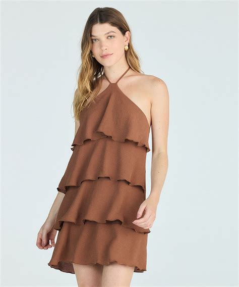 Vestidos De Babado Curto - vestido feminino curto de babados frente única - marrom