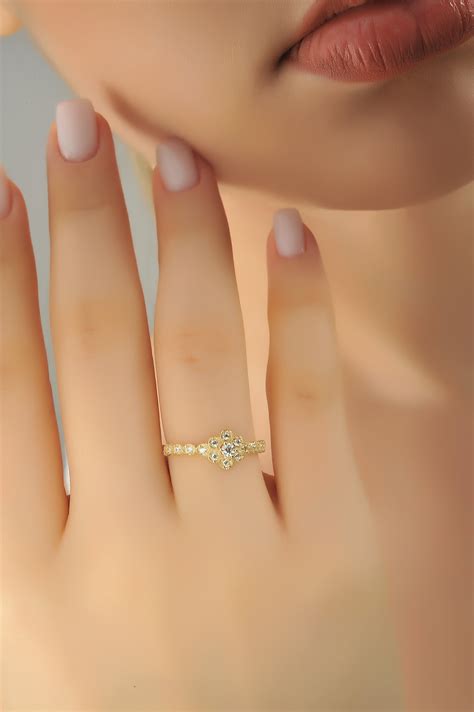 14K Solid Gold Flower Gemstone Ring for Her, Floral Half Eternity