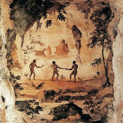 Scene depicting the discovery and study of ancient cave paintings by