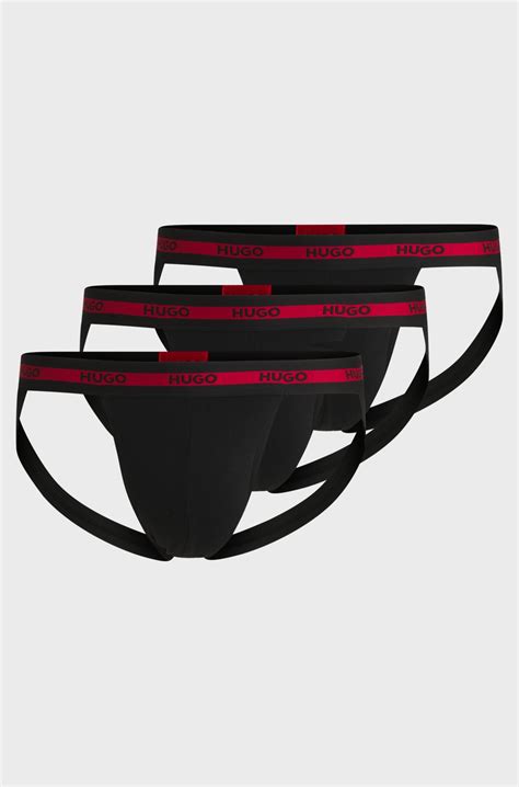 HUGO - Three-pack of jock straps with repeat-logo waistbands - Black