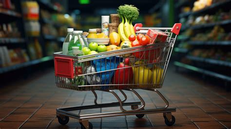 Shopping cart full of food and drinks and supermarket shelves behind