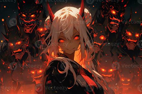 AI Generative Beautiful demon with the eyes lights up in anime style