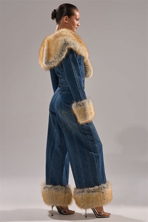 LENNOX DENIM JUMPSUIT WITH FUR ACCENTS – AKIRA