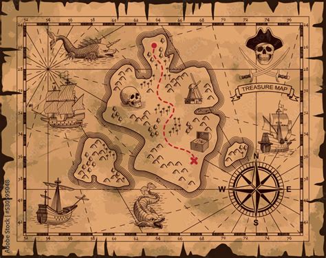 Pirate treasure map. Antique scroll with sea, desert islands, pirate ...