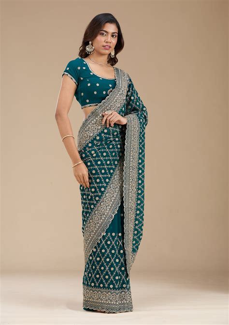 buy rama green zariwork gold georgette saree koskii