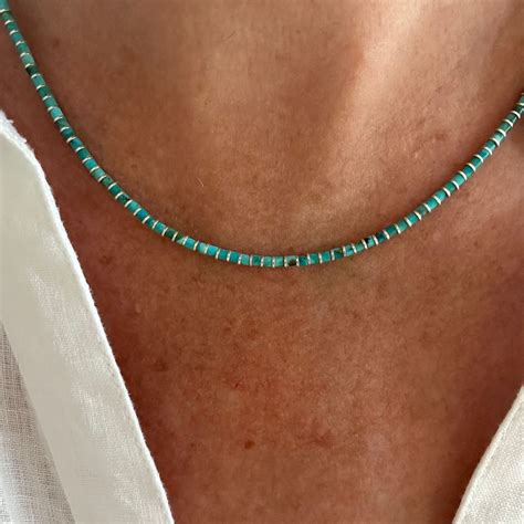 2mm Blue Turquoise Heishi Necklace & Silver Beads, Dainty Modern