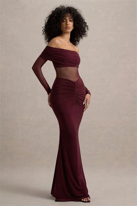 Ismeralda Burgundy Mesh Ruched Bardot Maxi Dress – Club L London - USA