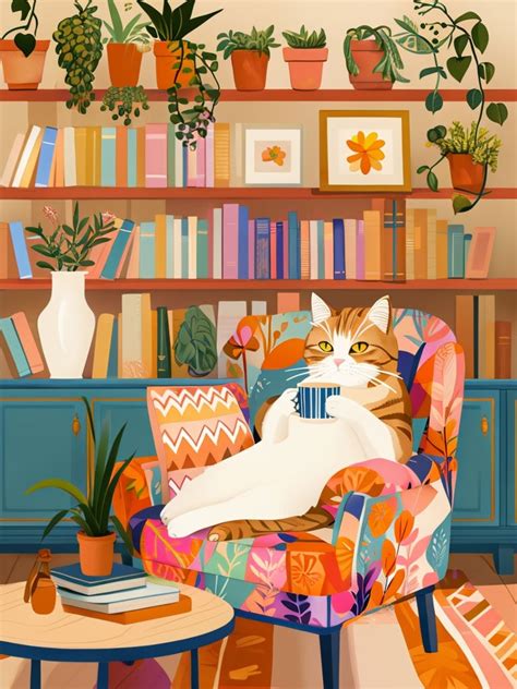 cozy tabby cat  colorful armchair indoor illustration art playground