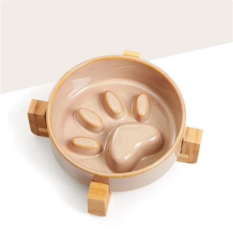 elevated ceramic slow feeder dog bowl  bamboo stand