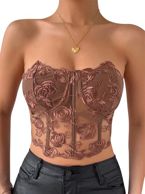 QAFOPEH Women Lace Strapless Corset Top Mesh Rose Boned Bustier
