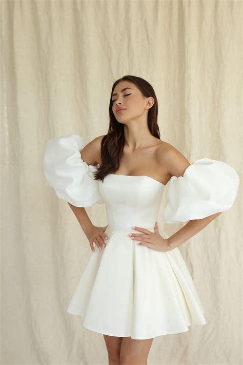Emily Dress With Detachable Puffy Sleeves, Mini Satin Wedding Dress