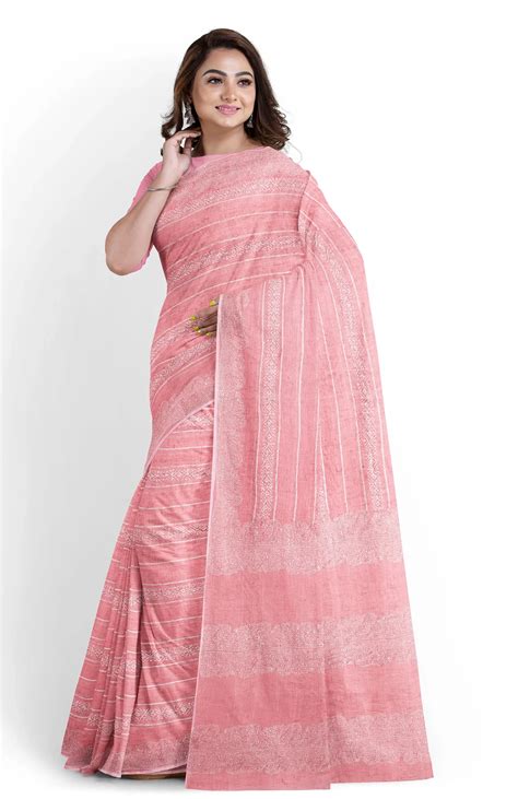 Hand Block Printed Cotton Saree - Pink and White - Biswa Bangla