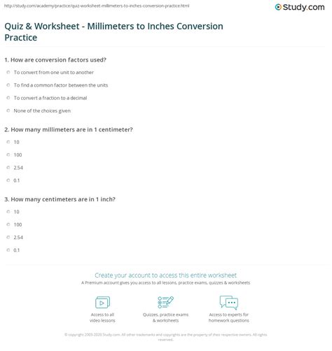Quiz & Worksheet - Millimeters to Inches Conversion Practice | Study.com