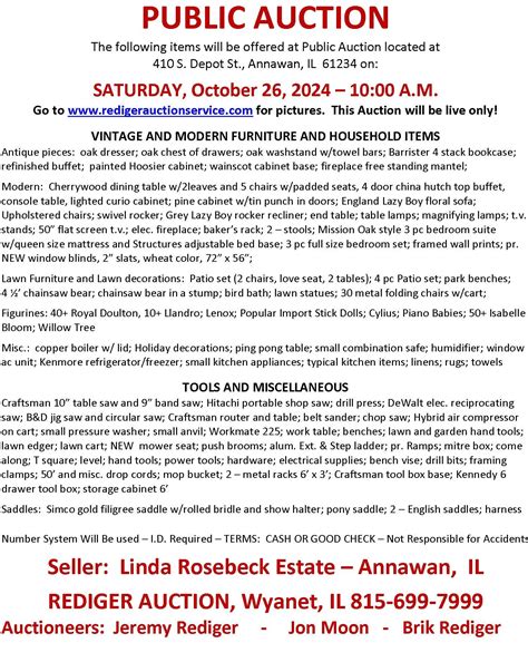 LIVE ONLY Estate Auction for The Linda Rosebeck Estate