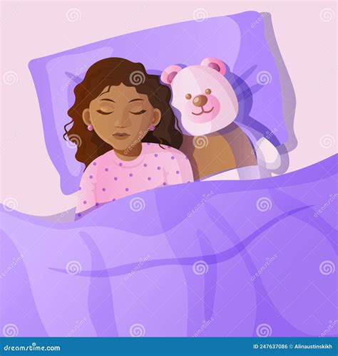 Top View of Little Dark-skinned Girl Sleeping in the Bed with Teddy