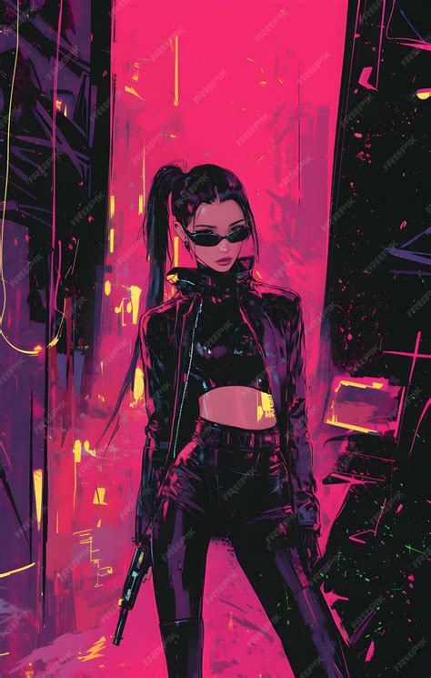 futuristic cyberpunk girl   black latex costume   gun