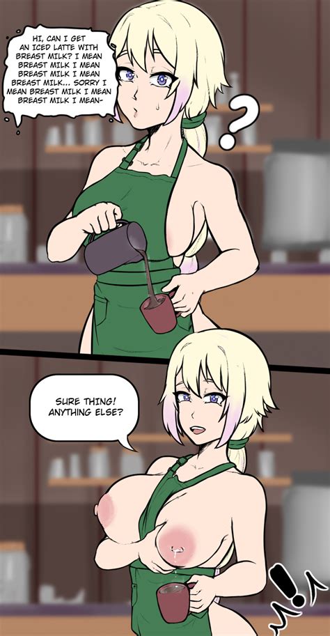 rule  girls apron big breasts blonde hair blurry background coffee