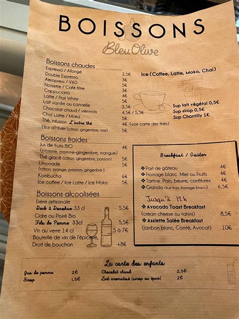 Menu at Bleu Olive cafe, Paris