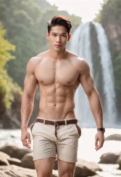 A photo-realistic image of a (((muscular and toned))) Thai male wearing shorts - SeaArt AI