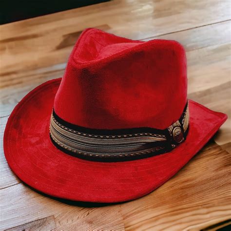 red nubuck cowboy fedora hat unisex western style vintage hat