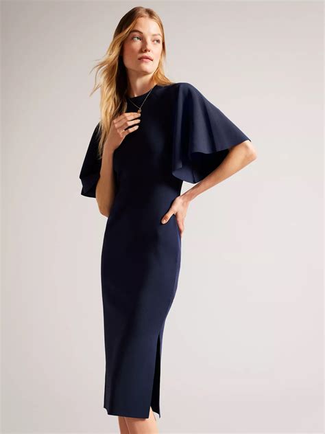 Ted Baker Lounia Fluted Sleeve Knitted Bodycon Midi Dress, Dark Blue at