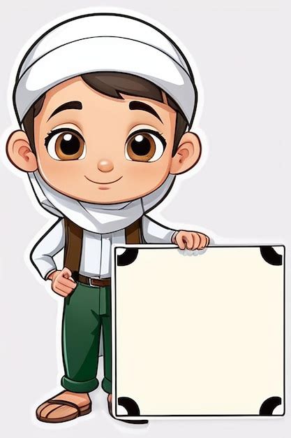 premium photo sticker template  muslim boy holding blank