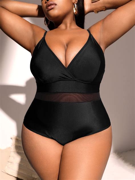 Plus Contrast Mesh One Piece Swimsuit | Mesh panel swimsuit, Shein