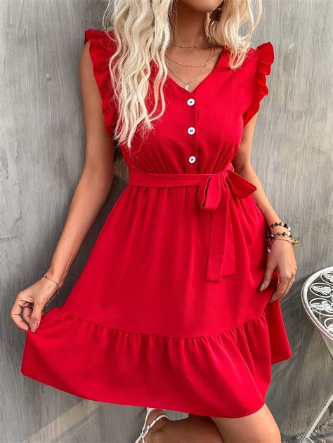 Quarter Button Ruffle Hem Belted Dress | Beautiful casual dresses