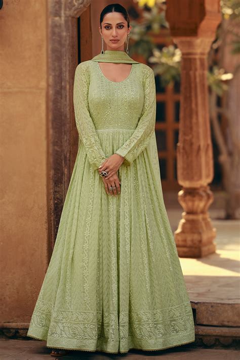 ternos anarkali verdes pistachio green georgette embroidered