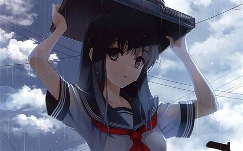 HD wallpaper: anime, fan art, anime girls, schoolgirl, school uniform, rain | Wallpaper Flare