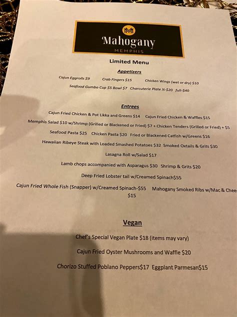 mahogany restaurant menu