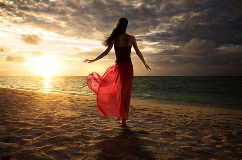 1366x768 Women Beach Sand Walking Red Dress Laptop HD ,HD 4k Wallpapers