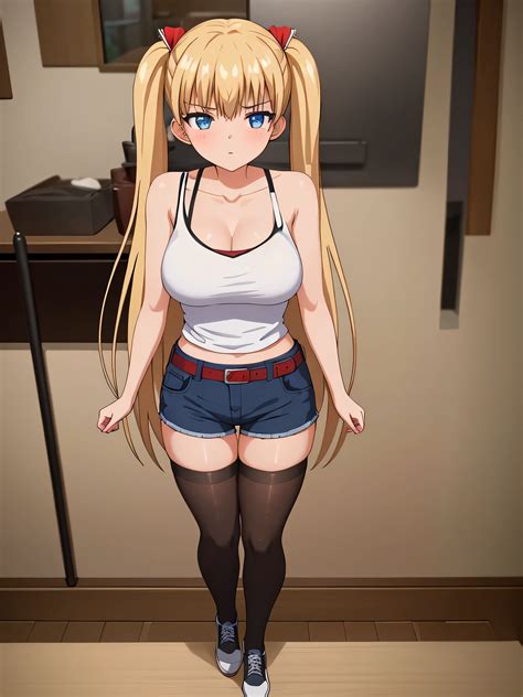 Anime girl with long blonde hair and blue eyes in a white tank top