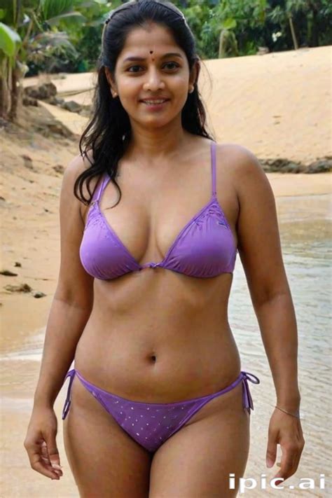 confident woman enjoying  sunny day   beach  purple swimwear