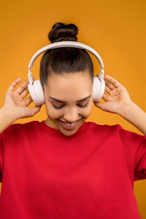 smiling woman  headphones  stock photo