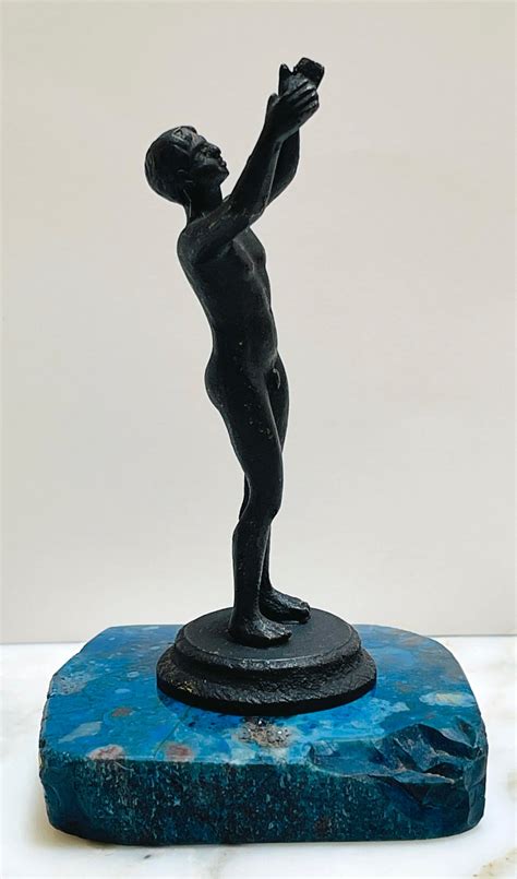 19th C Italian Diminutive Grand Tour Bronze Nude Athlete on Lapis