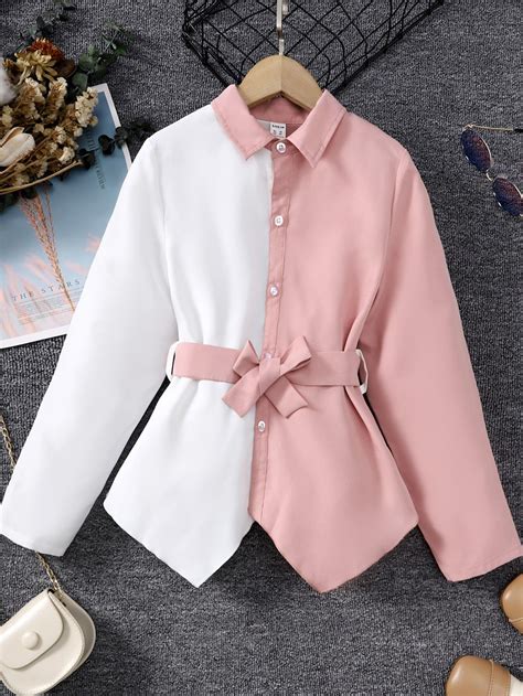 Girls Two Tone Asymmetrical Hem Belted Shirt | Female shirt designs ...