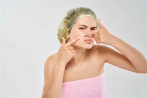 woman bare shoulder shower cap face skin care 22316696 Stock Photo at
