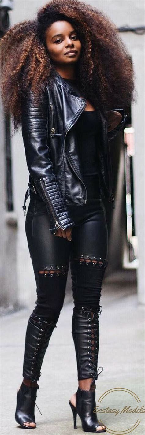 All Black Leather Outfit with AFRO!!! BEAUTIFUL. | Black leather outfit