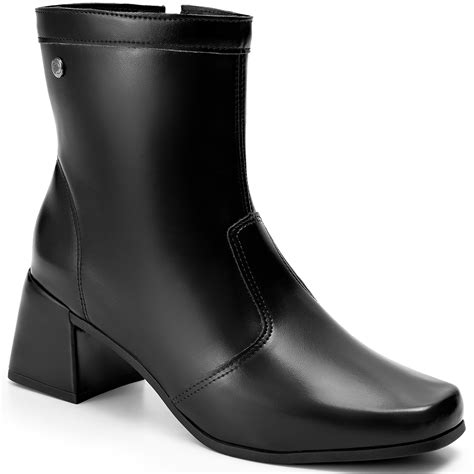 Bota Cano Curto E Bico Quadrado - Bota Feminina Cano Curto Salto Bloco Baixo Bico Quadrado - SP2 Preto ...