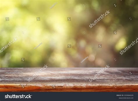 empty rustic table front countryside background stock photo