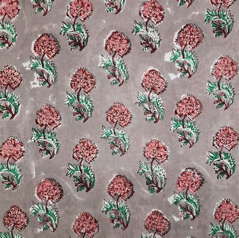 pure cotton jaipuri grey  peach flower motif hand block print fabr